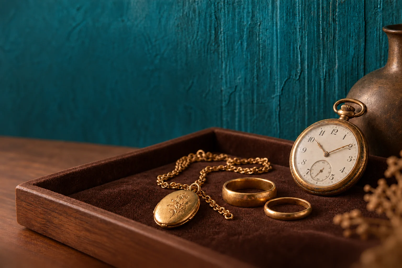 Goldschmuck und Taschenuhr vor einer petrolfarbenen Wand