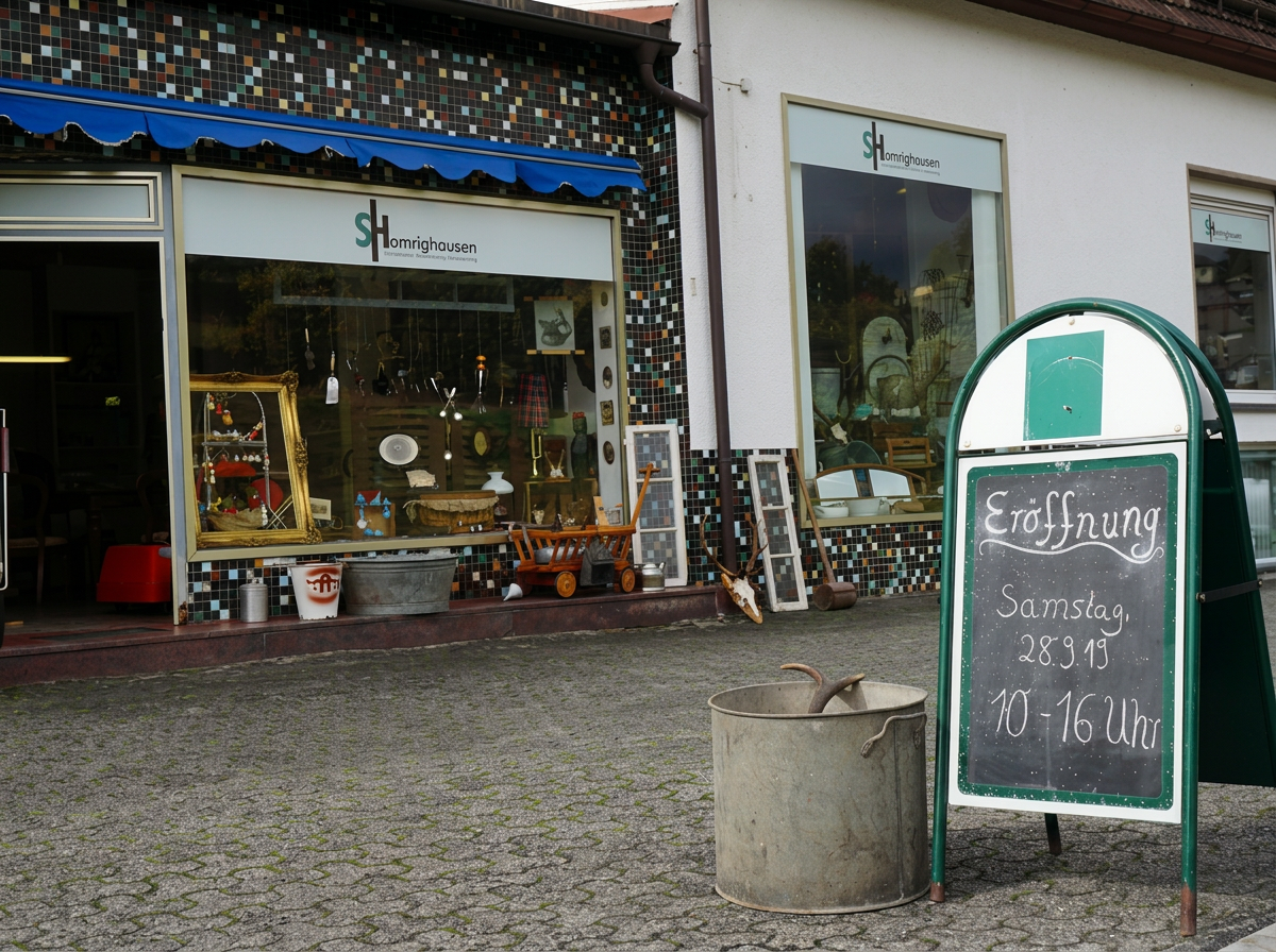 Ladengeschäft Homrighausen mit Schaufenster voller Antiquitäten und Fundstücke beim Ankauf von Gold, Silber, Antiquitäten und Münzen in Bad Berleburg-Wingeshausen