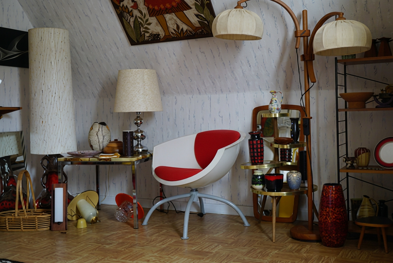 Retrostube im Antik- und Trödelladen Swen Homrighausen in Bad Berleburg-Wingeshausen mit rot-weißem Vintage-Schalensessel, Retro-Stehlampen aus den 1960er und 1970er Jahren sowie nostalgischen Wohnaccessoires